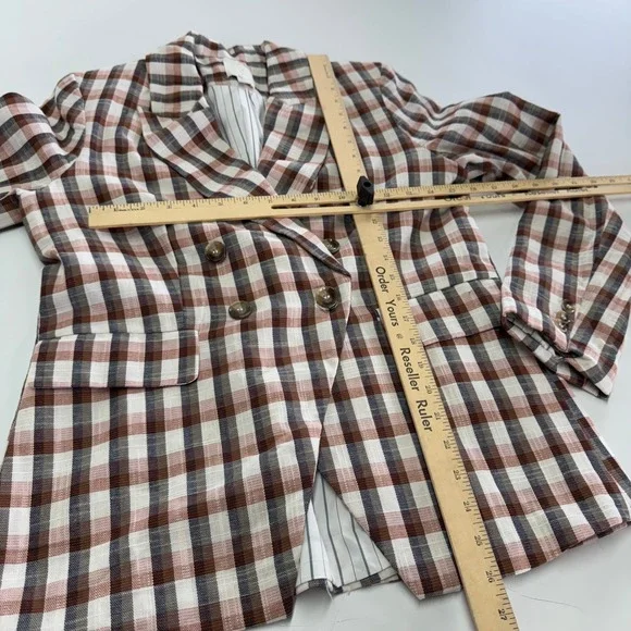Joie Blazer Womens Medium Brown Anilah Empire Plaid Double Breasted Jacket - Picture 6 of 8